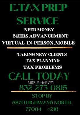 TAX SEASON!!!
CALL TODAY 
832-273-0815
APPOINTMENTS AVAILABLE