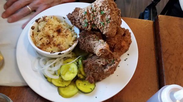 The fried chicken with smoked mac and cheese - which was served hot and yummy! The fried chicken sandwich was also really good.