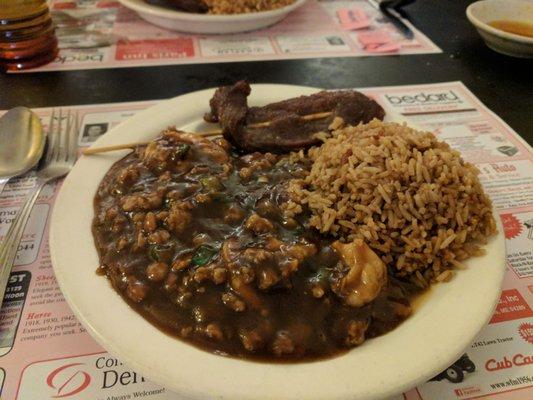 Shrimp with lobster sauce, pork fried rice and beef teriyaki.