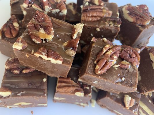 Turtle Fudge made with chocolate, pecans, and caramel