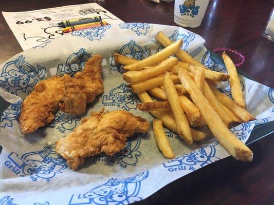 Kids chicken strips and fries.