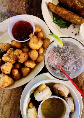 Cauliflower bites with sweet & sour, fried pickles, garlic shrimp. Yum