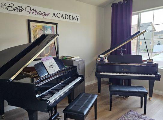 All instruments, piano and vocal music lessons available! Piano stude ts learn and play on baby grand pianos.