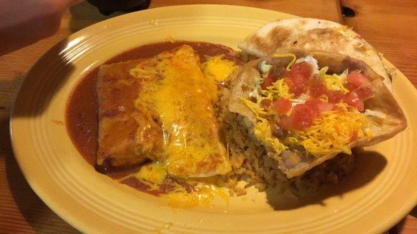 Combination #1 Tostada, Taco, Tamale and Enchilada with rice and beans