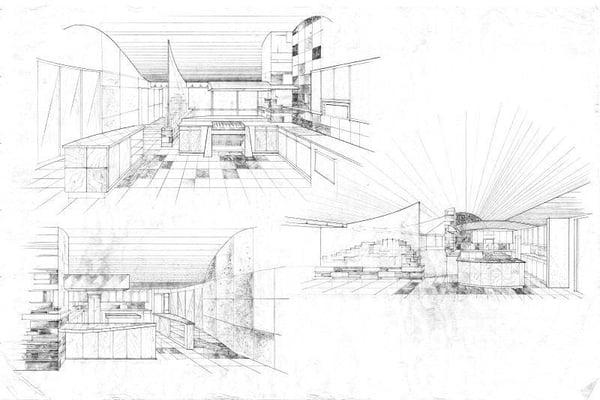 Sketches for kitchen remodel - stone, glass, wood used in natural curved elements