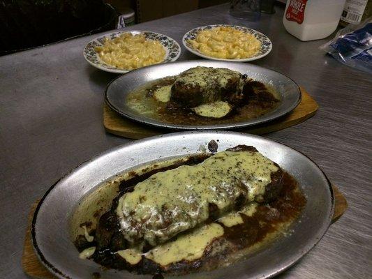 Delmonico & Filet Mignon Topped with Homeade Bearnaise Sauce and Mac & Cheese