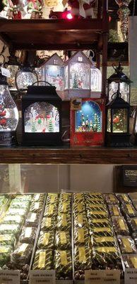 Chocolates and snow globes at the counter