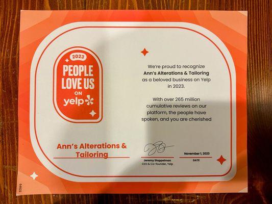 We got recognized by Yelp