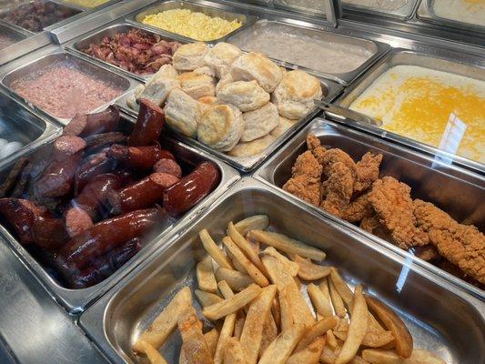 Steak fries, chicken tenders, gritz, gravy, biscuits, sausage