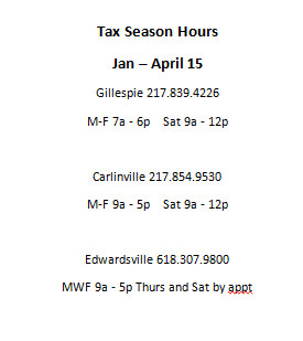 Tax season hours for our 3 locations. Call us today to set up an appointment!