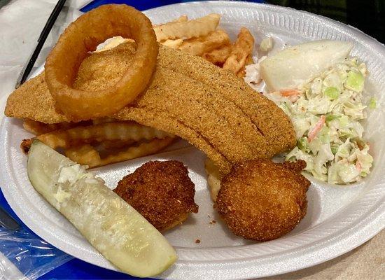 Fried Fish Friday 2 piece (1 of the pieces had already been devoured) + an onion ring stolen from another plate.