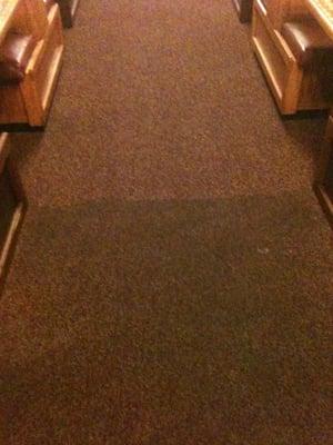 Commercial carpet before and after a cleaning by Grimefighters