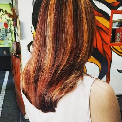 Red Haircolor with Blonde Highlights and Haircut