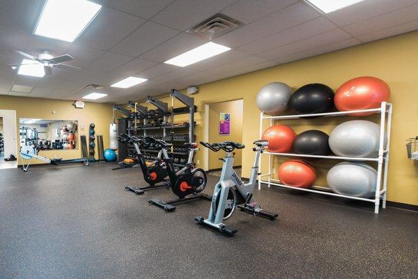 Functional Training Space includes weights, wall balls, medicine balls, heavy bag, plyo boxes, TRX straps, kettlebells, and more!