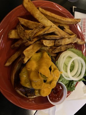 Jalapeño Bacon Burger with added onions.