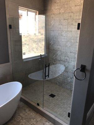 Matte black hardware, 3/8" frameless shower