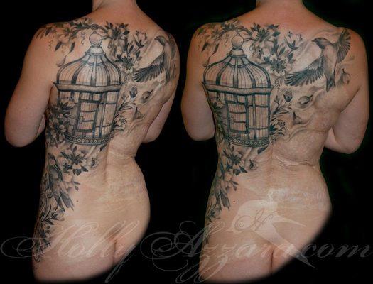 Tattoo by Holly Azzara
 bird and cage cover up/rework