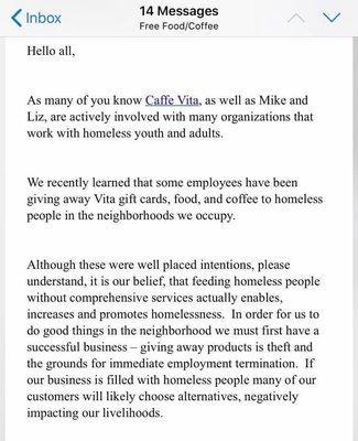 Caffe Vita employees gift old coffee to the homeless that was going to be trashed. Caffe Vita fires them.