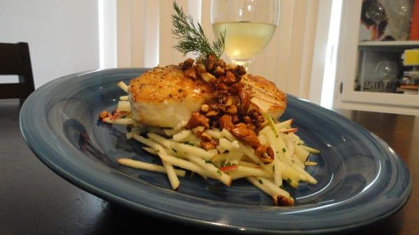 Pan seared Black Grouper over Apple, Pear, Manchego Salad, Citrus Chive Vinaigrette and Candy Crunched Almonds