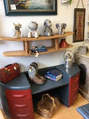 Ski shelf and old vanity repurposed into a bench