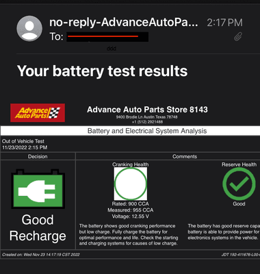 Item3- vehicle battery test 1 day after picking up the vehicle.