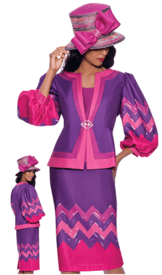 GMI 8683: 3pc Silk Look Women's Church Suit With Zig Zag Pattern And Balloon Sleeves.
 Color:  Multi. Size: 8, 10, 12, 14, 16, 18, 16W, 18W