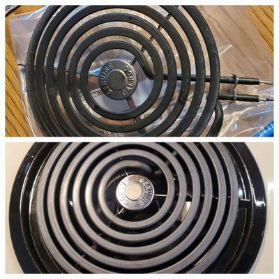 Before and old top photo. Bottom New Electric Stove Element $33.98 x 2...Only available at HD!  7/3/2022