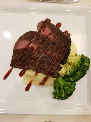 Flank steak with potatoes and broccoli.