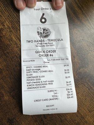 Our receipt for 2 combo meals