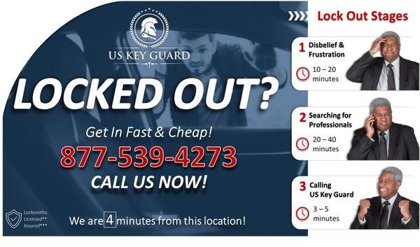 Locked Out of your car home or business? Us Key Guard will get you back in your life in a couple of minutes! We're that good! 877-539-4273