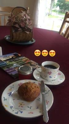 Bran muffin with homemade strawberry jam & coffee