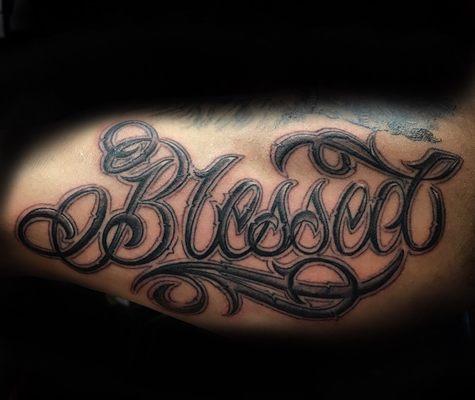 Some script (Blessed) on an inner arm. Tattoo by Jayse... wed-sat