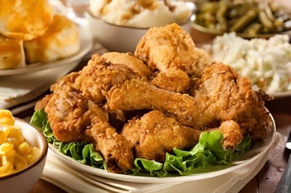 Crispy, juicy Broasted Chicken and side dishes.