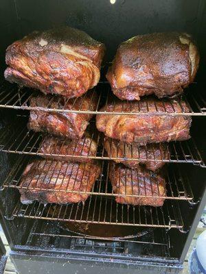 Pork butts seasoned with our homemade house rub, and smoked to perfection! Melt in your mouth goodness!