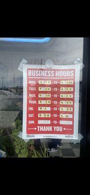 Business hours & phone number to the place.