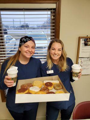 Shout out to these two!
It's Dental Assistant Recognition week!!! Our Hygienists surprised them with Starbucks and Donuts this morning!!!!