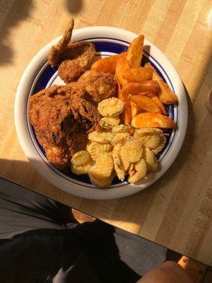 Fried chicken, fried pickles and potato wedges