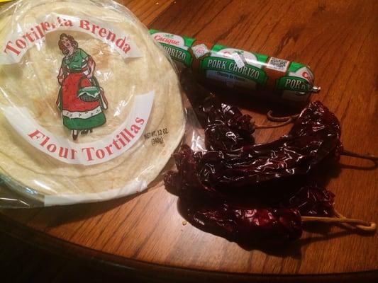 Good tortillas from Brenda (in Arkansas), Pork Chorizo, guajillo chiles by the pound