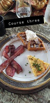 Waffles, quiche, bacon