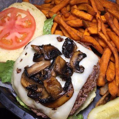 Mushroom Swiss Burger with Sweet Potato Fries