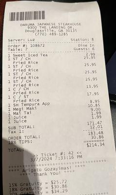 Here is the bill for reference on prices and gratuities.