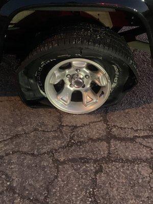 A blown out tire put on by Shreve Tire in Shreveport La