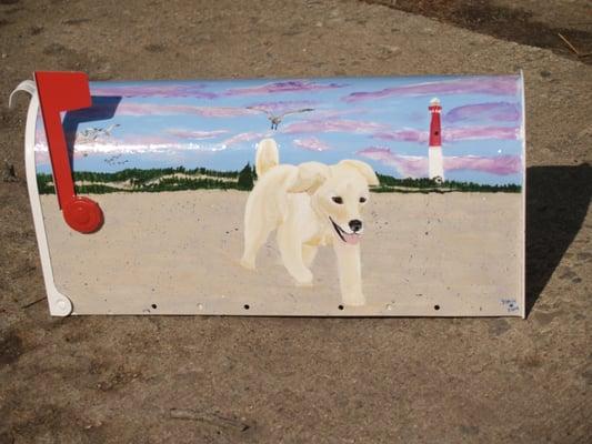 Golden Retriever puppy and light house on Mailbox