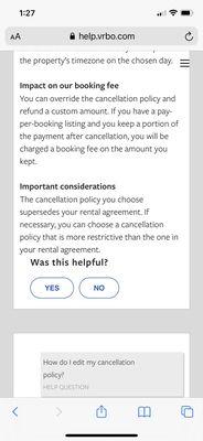 VRBO cancellation policy information for owners.