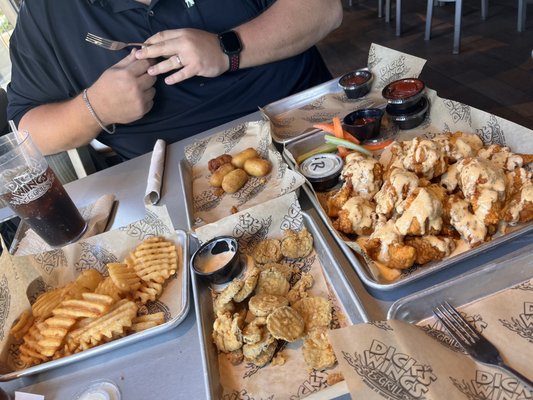 Cajun Ranch Boneless Wings, Fried Pickles, Corn Dogs and Waffle Fries