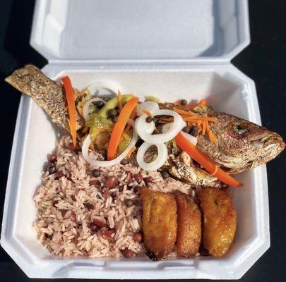 Escovitch Red Snapper Fish W/ Rice&Peas & Plantains.