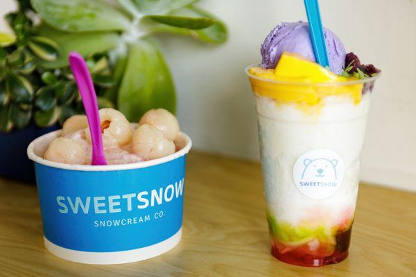 Strawberry shaved snow topped with strawberry drizzle and lychee, and halo halo