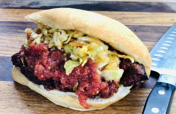 Smoked Meatloaf Sandwich w/Mango Slaw & Tomato Jam