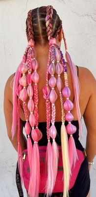 Four festival braids in the top into multiple detailed bubble braids on the ends.