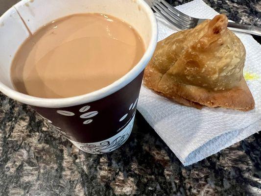 Masala chai ($1.99) and veg Samosa ($1.35)